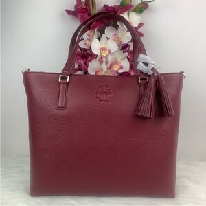 Tory Burch Thea Zip Tote Imperial Garnet Leather Purse Pockets Designer Tassel